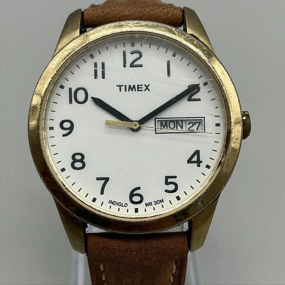 Timex Indiglo Mens Watch 36mm Gold Tone Day Date Brown Leather New Battery
